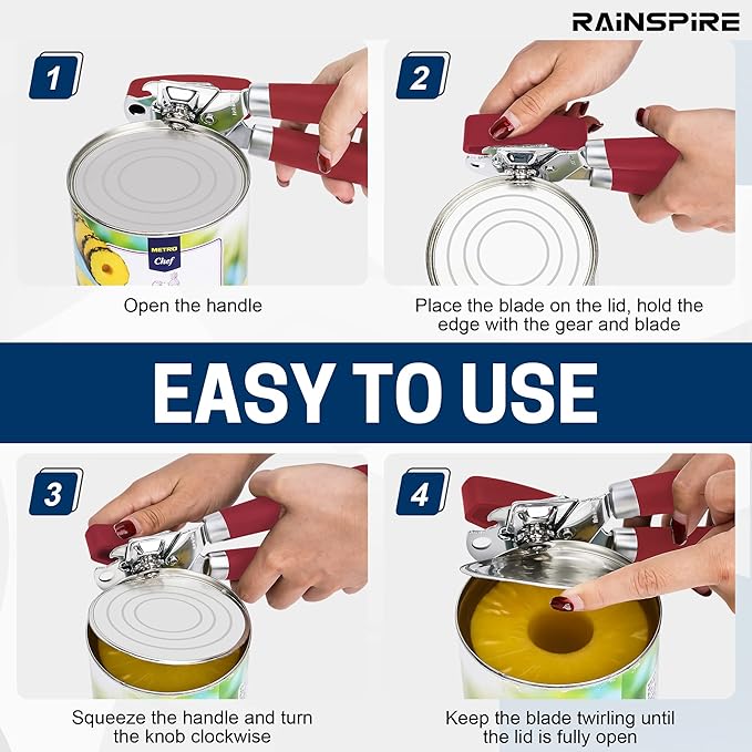 Rainspire Can Opener Manual Handheld Strong Manual Can Opener Smooth Edge Cut, Can Opener Heavy Duty, Comfortable Soft Handle, Built-in Bottle Opener, Red