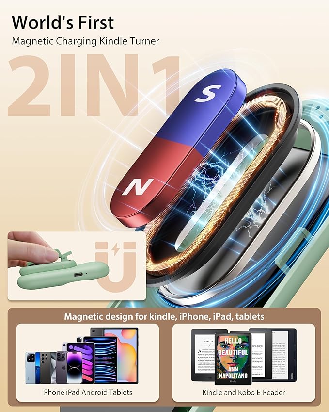 Page Turner for Kindle, Stouchi 2 in 1 Green Magnetic Paperwhite Oasis Scribe Kobo Clicker Accessories Wireless Remote Control for iPhones, iPads, Tablets Camera Video Record Shutter Selfie