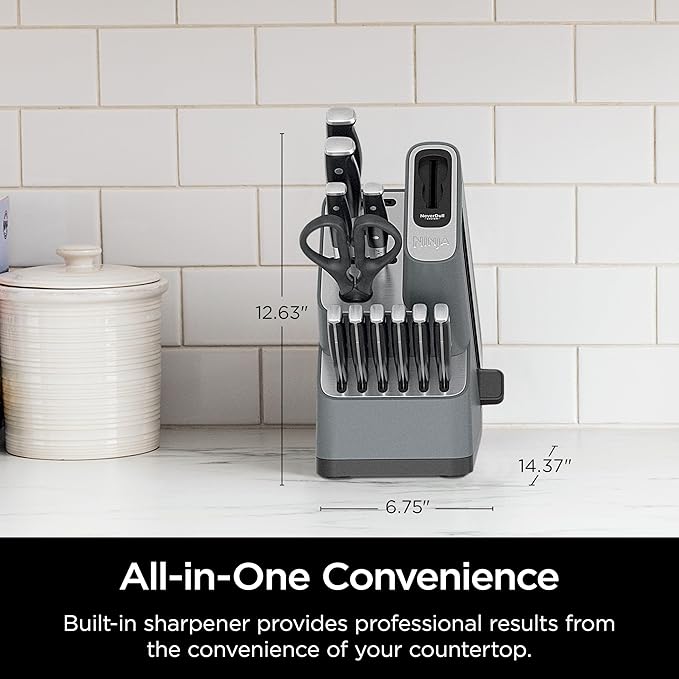 Ninja K32012 Foodi NeverDull Premium Knife System, 12 Piece Knife Block Set with Built-in Sharpener, German Stainless Steel Knives, Black