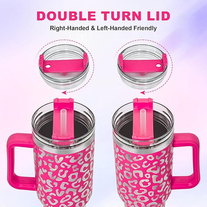 40 oz Tumbler with Handle and Straw, 100% Leak-Proof Travel Mug, Stainless Steel Double Wall Vacuum Insulated Coffee Cup Keeps Cold For 34 Hours, Dishwasher Safe, Hot Pink Leopard