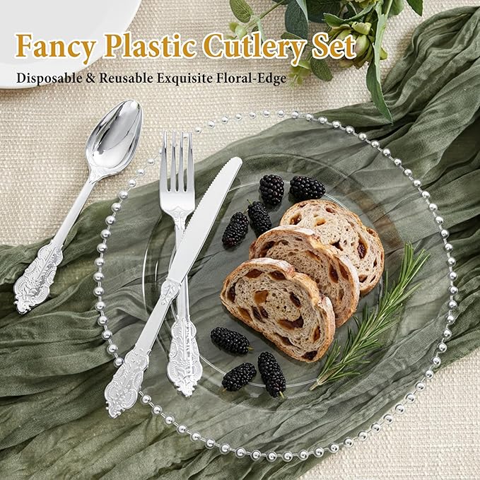 Supernal 360pcs Plastic Silverware, Silver Disposable Cutlery, Silver Plastic Silverware Include 120 Forks, 120 Spoons, 120 Knives, Disposable Utensils Perfect for Birthday, Party, Wedding
