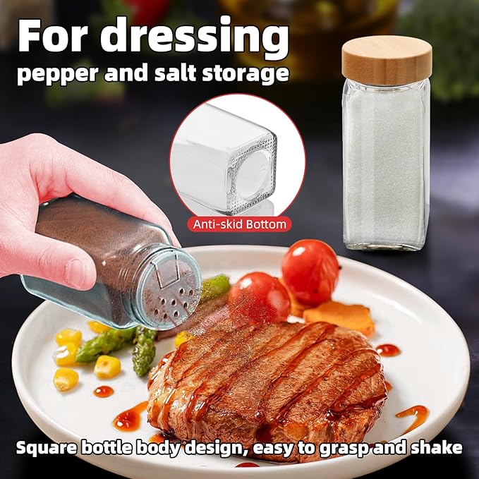 2Pcs 4oz Glass Spice Jars with Shaker Lids, Spice Jars Trial Set & Supplement Set, Empty Spice Containers and Square Spice Bottles for Kitchen (Bamboo Lids)