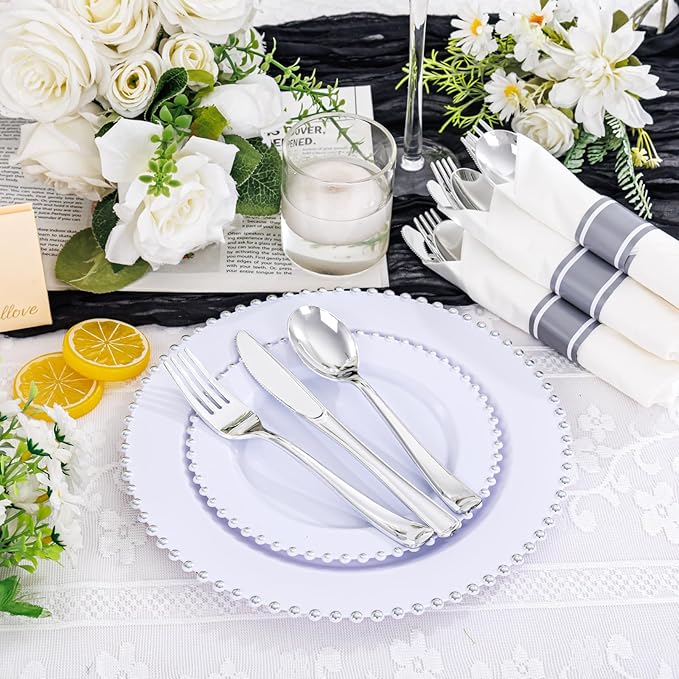 Supernal 100 Pack Silver Plastic Silverware Pre Rolled Silverware Set Disposable Cutlery Set Includes 100 Forks,100 Spoons,100 Knives and 100 Napkins,Plastic Utensils for Party,Wedding,Birthday