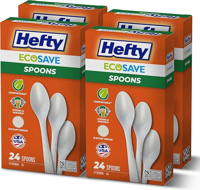 Hefty ECOSAVE Compostable Spoons, 4 Pack, Disposable Spoons for BBQs, Tailgates, Camping, Parties, and More, Strong and Durable Construction, Sustainable Design, 24 per Pack, 96 Total