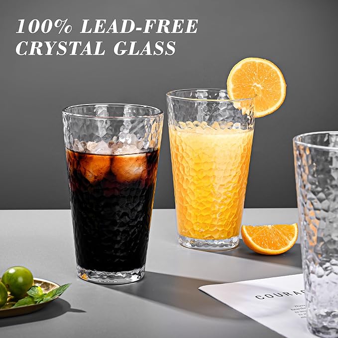 Drinking Glasses Set of 8,16oz Clear Highball Water Glasses,Stackable Lead-Free Hammered Glass Cups,Kitchen Drinkware Glassware for Cocktail,Beer,Juice,Iced Tea,Margaritas and Mixed Drinks