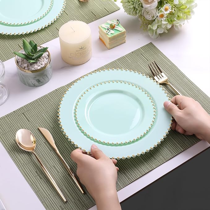 EI 60pcs Green Plastic Plates with Gold Rim,Disposable Heavy Duty Sage Green and Gold 10" Dinner & 7" Dessert Plastic Plate for Birthday,Afternoon Tea,Wedding,Spring,Valentine's Day,Easter
