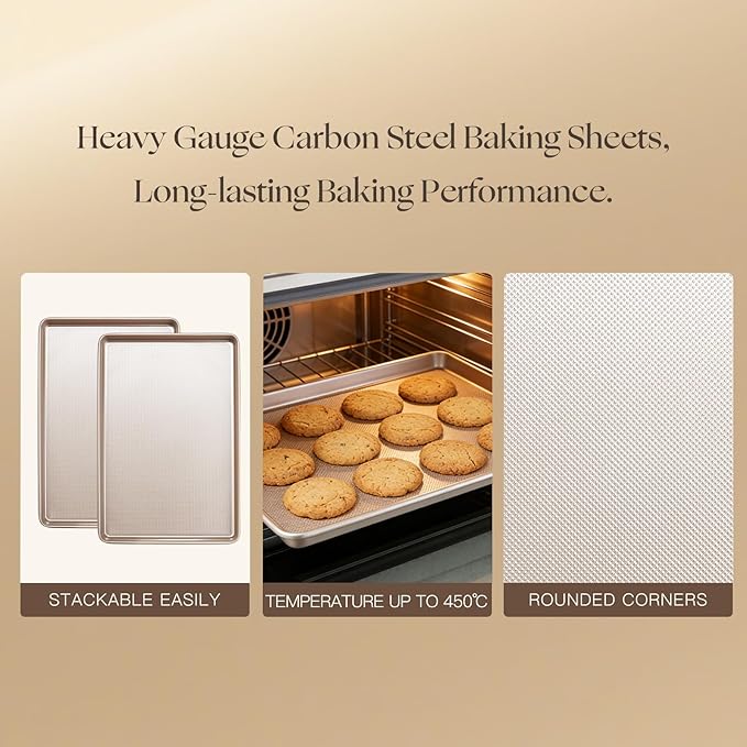 2-Pack Carbon Steel Baking Sheet Pans - 17.5x11.8x1 Inch Nonstick Cookie Sheets, Heavy-Duty Oven Safe Trays for Baking Cookies, Roasting & Sheet Pan Dinners (Gold)
