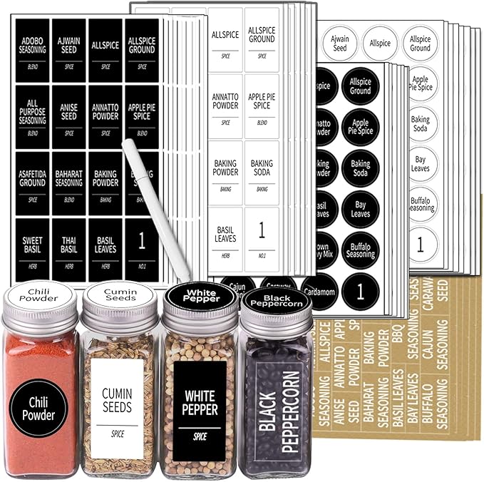 SWOMMOLY 892 Spice Jar Labels in 5 Different Types of Spice Labels with Chalk Marker Set.800 Printed Spice Labels with 92 Extra Write-on Labels Stickers for DIY, Waterproof & Tear-Resistant.
