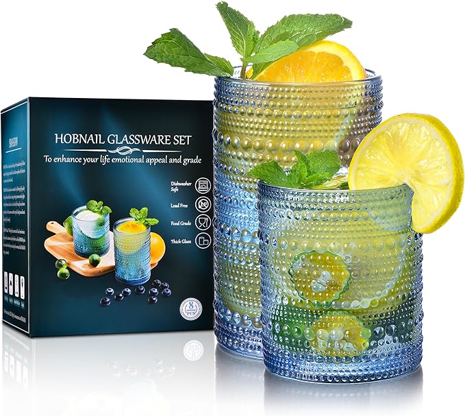Hobnail Drinking Glasses Set of 8, Blue Vintage Glassware 14 oz and 12 oz, Glass Cups, Cups for Kitchen, Bar Glasses for Beer, Juice, Cocktail, Whiskey, Milk