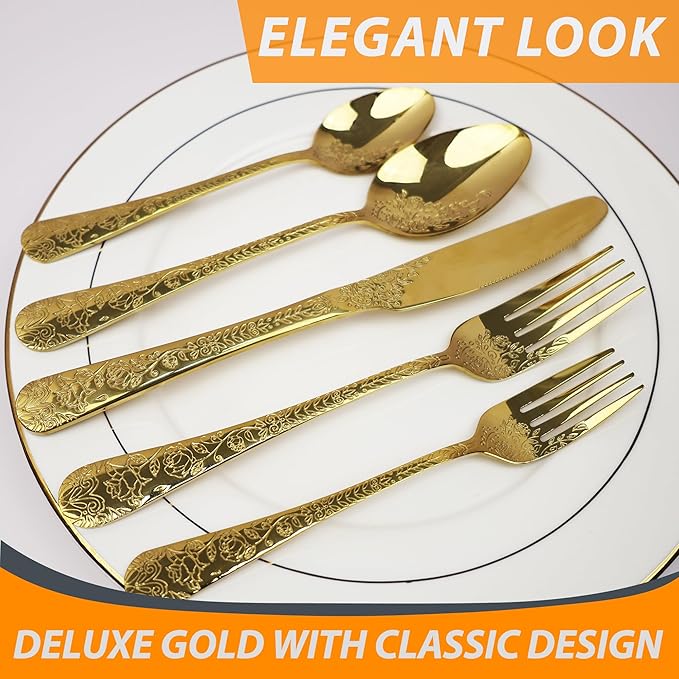 Runfly Vintage Carved Floral Gold Silverware Set for 4, Stainless Steel 20-Piece Flatware Set with Knife/Fork/Spoon, Cutlery Set for Home and Kitchen, Modern Utensil Set