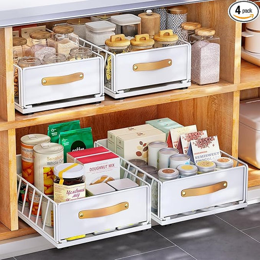 4Pack Pull out Cabinet Organizer,Heavy Duty Slide out Pantry Shelves Drawer Storage with Adhesive Nano Film,Sliding Mesh Basket with Handle for Kitchen, Bathroom, Home, 11.8W" X 15.7"D X 6.2"H,White