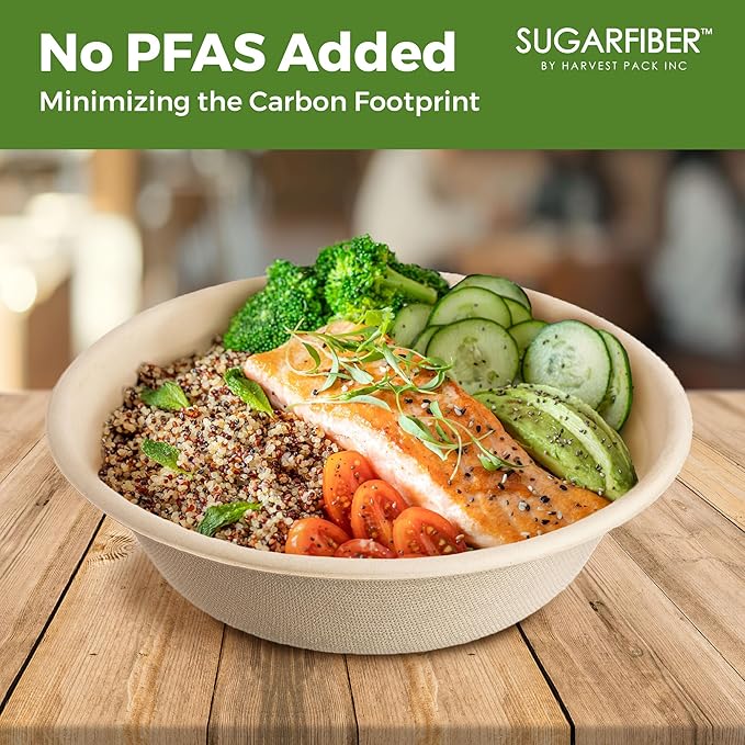 [50 COUNT]Harvest Pack PFAS FREE 32oz Paper Compostable Bowls Only, Round Heavy-Duty Eco-Friendly Disposable Bagasse Large Soup Bowls, sugarcane made for Meal Prep Takeout Dinnerware, Microwave Safe