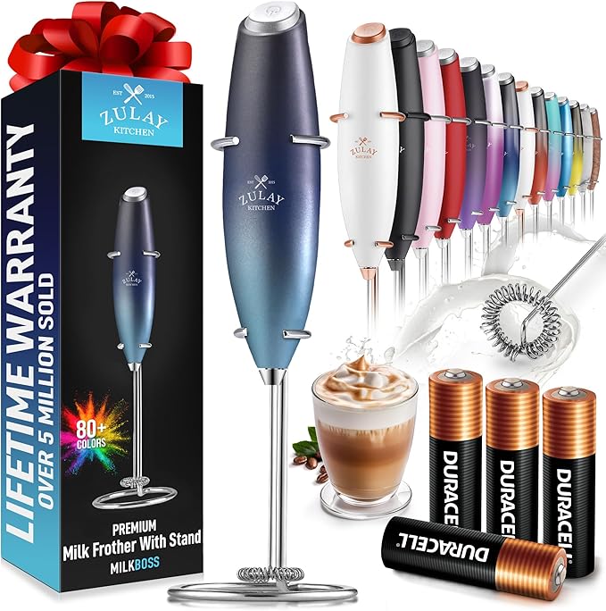 Zulay Kitchen Powerful Milk Frother Wand With 4 AA Duracell Batteries - Ultra Fast Handheld Drink Mixer - Electric Whisk Foam Maker for Coffee, Lattes, Cappuccino, Matcha & Creamer