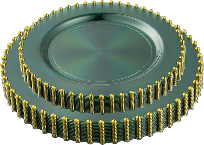 PLASTICPRO 128 Piece Combo Plastic Dinner Plates Disposable Plastic Fancy Heavy Duty Party Dishes 7 inch and 10 inch, Translucent Green and Gold Beaded