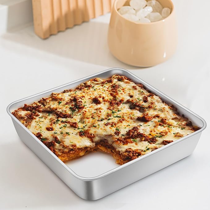 TeamFar Square Cake Pan, 9 Inch Stainless Steel Square Baking Roasting Pan for Cake Brownie Lasagna, Non-Toxic & Heavy Duty, One Piece Design & Smooth, Dishwasher Safe & Easy Clean