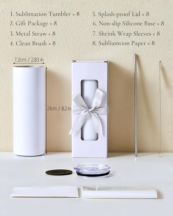 8 Pack 20oz Sublimation Tumbler Blanks Skinny Straight in Bulk, Stainless Steel Insulated Sublimation Tumbler with Polymer Coating for Heat Transfer, With Lid, Straw, ribbon, Gift box