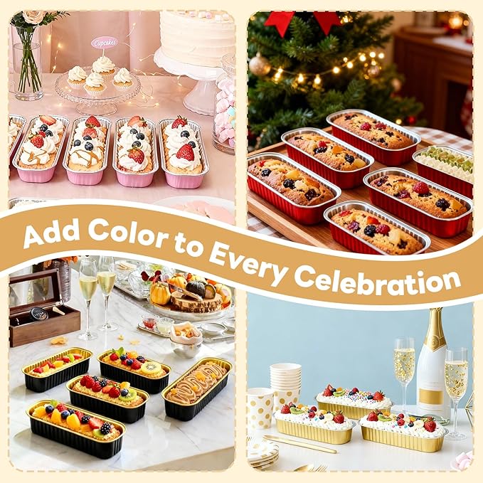 120 Pack Mini Loaf Pans with Lids and Spoons, 4-Color Assorted Aluminum Foil Baking Cake Tins (Black, Pink, Red, Yellow) - 6.8oz Disposable Mini Cake Pans for Baking, Gifting & Parties