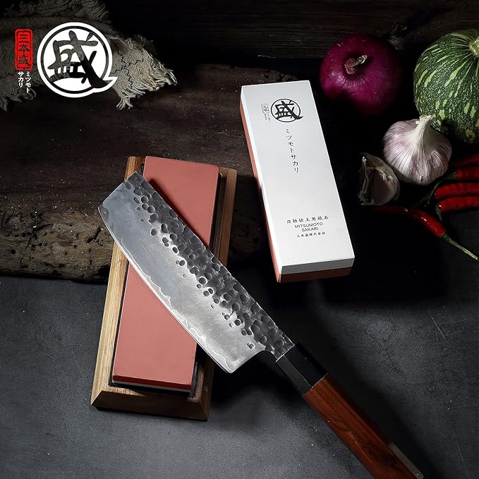 MITSUMOTO SAKARI Japanese Knife Sharpening Stone, Professional Double-Sided Whetstone 1000/3000 Grit, Kitchen Knife Sharpener Stones with Non-Slip Wooden Seat