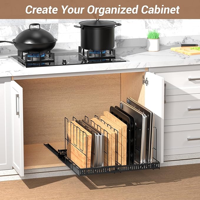 Housolution Pull Out Large Baking Tray and Cookie Sheet Organizer, 13"-22" Width Expandable Cutting Board Holder with 8 Adjustable Dividers, 20" Deep Bakeware Storage Rack for Cabinet, Black