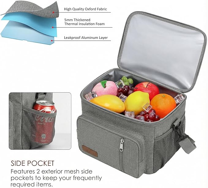 MIYCOO Lunch Box Lunch Bag for Women Men - Insulated LunchBox Leakproof Cooler Tote, Reusable Soft Bag with Shoulder Strap for Work, Picnic, Beach & Travel, 12-Can (9L) -Grey