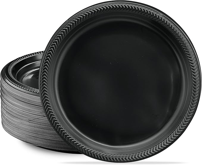 PLASTICPRO 100 PCS Black Plastic Plates Light Weight 10'' Inch Plastic Dinner Plates Black Plates Disposable for Party and Wedding