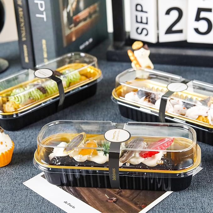 50 Pack Mini Loaf Pans with Lids Rectangle Individual Cake Pans Aluminum Foil Pans for Large Gatherings Picnics Vacations Parties (Black Gold, 6.8 OZ)