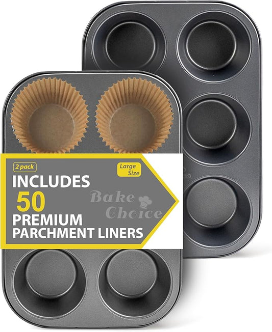 2 Pack Jumbo Muffin Pan for Baking, Extra Large Cupcake Pan includes 50 Natural Jumbo Cupcake Liners, Muffin Tin Nonstick 6 Cup, Baking Pans Set, Carbon Steel Baking Supplies