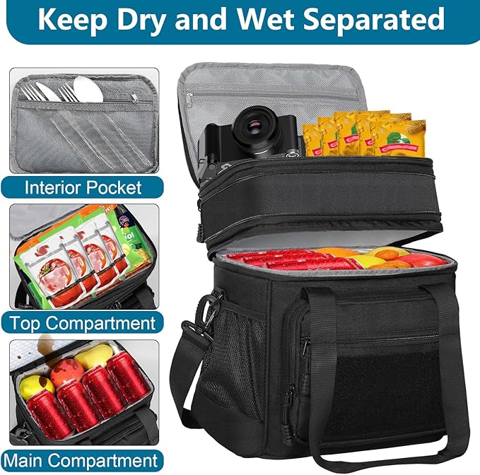 GLENKEY Tactical Lunch Box Cooler Bag - Expandable Insulated Lunch Bag for Men Women - Large Lunchbox for Adults Work Shifts Outdoor Trips Black 16L
