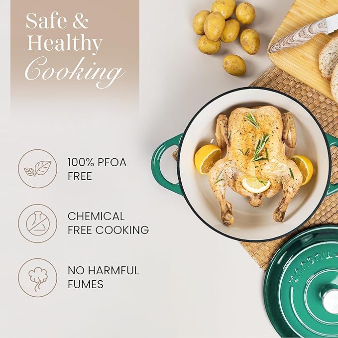 Cast Iron Dutch Oven with Lid – Non-Stick Ovenproof Enamelled Casserole Pot – Sturdy Dutch Oven Cookware – Dark Green, 5-Quart, 24cm – by Nuovva