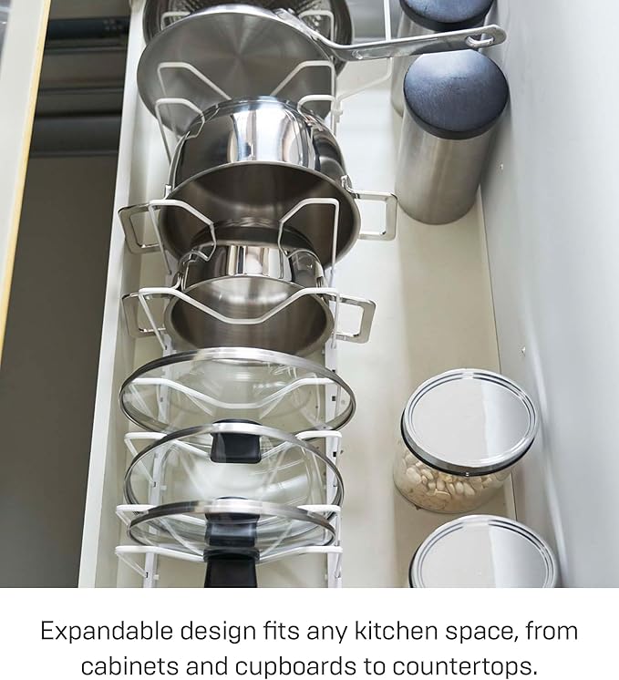 YAMAZAKI Home Tower Adjustable Lid & Pan Organizer - Kitchen Drawer Storage Shelf Rack - Steel
