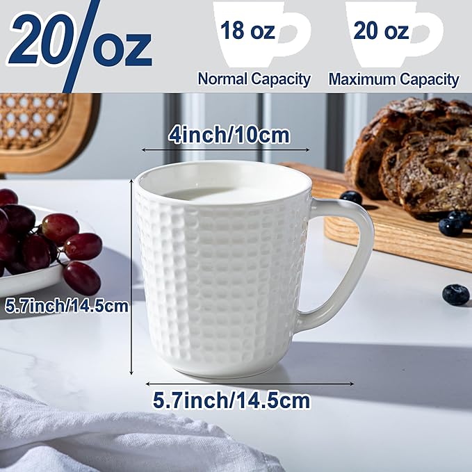 Large Coffee Mugs, 20 oz Ceramic Coffee Cups with Handle, Porcelain Big Tea Cups for Office and Home, for Latte Cocoa Dishwasher and Microwave Safe, 2PCS, White