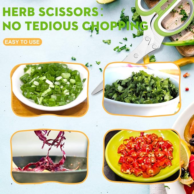 Fun Unique Kitchen Gadgets: Herb Scissors Set - Updated 2026 Cool Kitchen Tools for Cutting Fresh Garden Herbs - Sharp 5-Blade Shears with Cover, Anti-Rust Stainless Steel, Dishwasher Safe (Green)