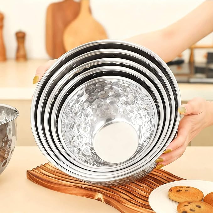 5 Piece Stainless Steel Mixing Bowls Set, Hammered Bowl Nesting Design Kitchen Bowls for Cooking, Baking, Serving (Size: 4.9/4.2/3.2/2.1/1.6QT)