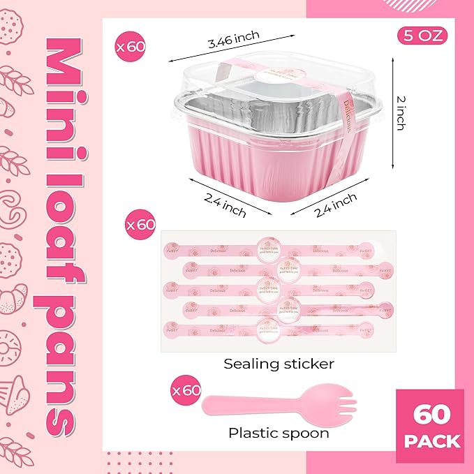 60 Pack Mini Cake Pans with Lids Foil Pans Square Aluminum Pans with Lids Cupcake Liners for Birthday Wedding Party Gift (Pink, 5 oz)