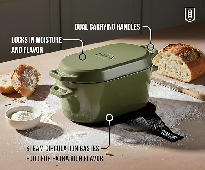 KooK Enameled Cast Iron Dutch Oven for Sourdough Bread Baking - 3.4 Qt Pot with Lid for Even Heat Distribution - Includes Silicon Bread Sling and Recipe Book for Home Bakers