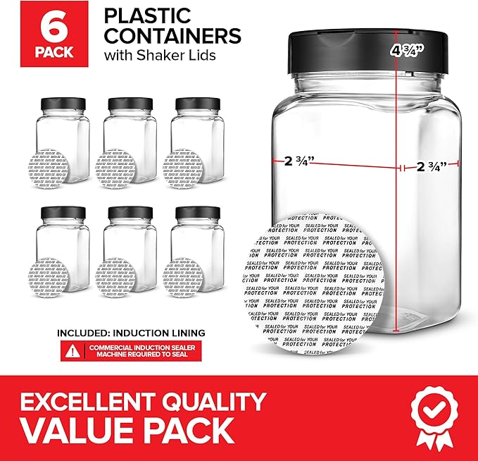 6 Pack 14 oz Plastic Spice Jars, Empty Seasoning Containers for Homemade Rub, Spices, Glitter, and More, Small Spice Containers with Black Shaker Lids and Heat-Induction Liner, Clear Spice Jars