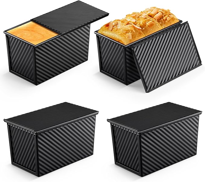 LIANYU Loaf Pan with Lid Set of 4, Pullman Loaf Baking Bread Pans, Nonstick Carbon Steel Homemade Toast Sandwich Box, 1 Pound Dough Small Metal Bakeware, Black