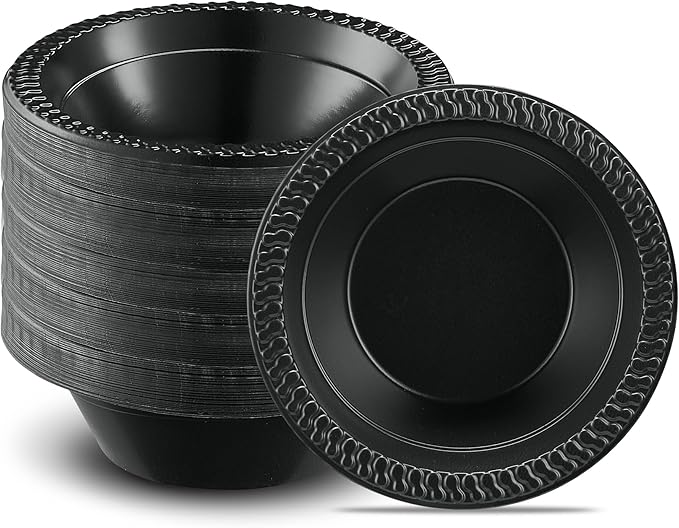 PLASTICPRO 400 PCS Black Plastic Bowls Light Weight 12 oz Plastic Soup Bowls Black Salad Plates Disposable for Party and Wedding
