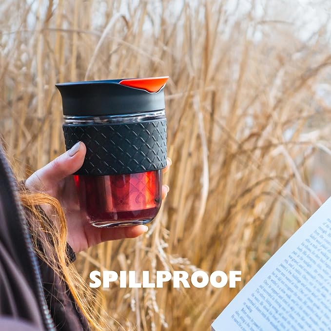 Travel Mug Loose Tea Infuser - Detachable Tea Strainer with Spillproof Lid - BPA-Free Reusable Glass Travel Coffee Cup with Silicone Band (Pink, 12oz)