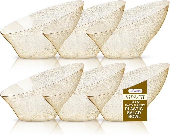 Liacere 16PCS Gold Plastic Serving Bowls - 54 OZ Angled Table Salad and Fruit Bowls Disposable for Chip & Candy - Ideal for Party & New Year