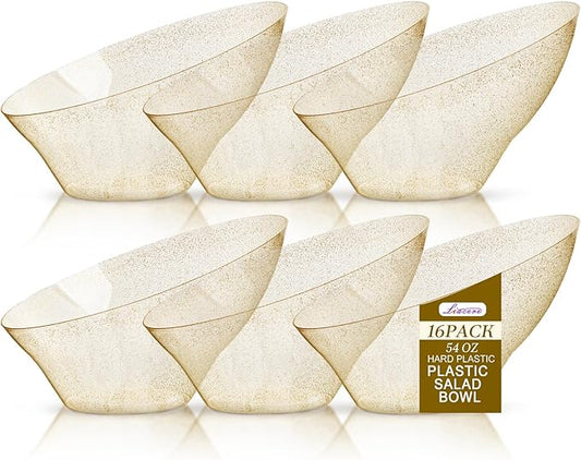 Liacere 16PCS Gold Plastic Serving Bowls - 54 OZ Angled Table Salad and Fruit Bowls Disposable for Chip & Candy - Ideal for Party & New Year