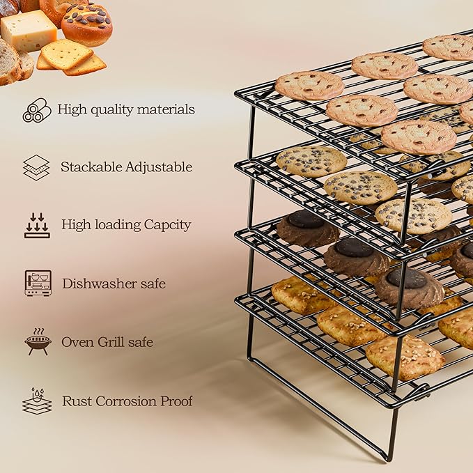 4PCS Cooling Racks for Cooking and Baking, Collapsible 4 Tiers 10"X16" Cool Batches of Cookies, Non-Stick & BPA-Free, Oven and Dishwasher Safe (Black-202)