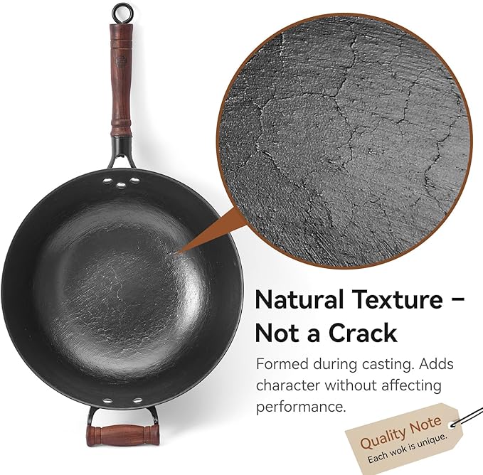 WANGYUANJI Cast Iron Wok Pan with Flat Bottom, 12.6 Inch Heavy Duty Uncoated Stir Fry Pan, Traditional Chinese Hand-Cast Deep Iron Pot for Electric Induction, Gas & Glass Top Stoves