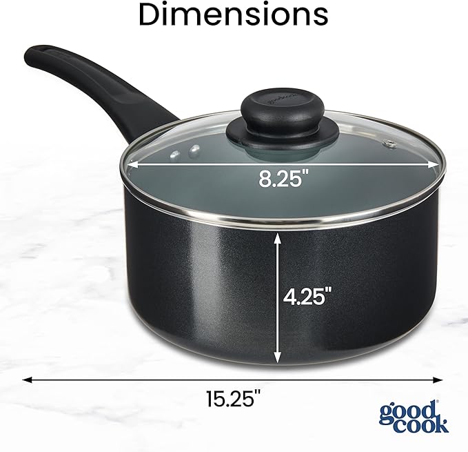 GoodCook Everyday Sauce Pan with Lid Ceramic Nonstick Aluminum Construction for Even Heating Non-Toxic PTFE & PFOA Free, 3-Quarts, Black