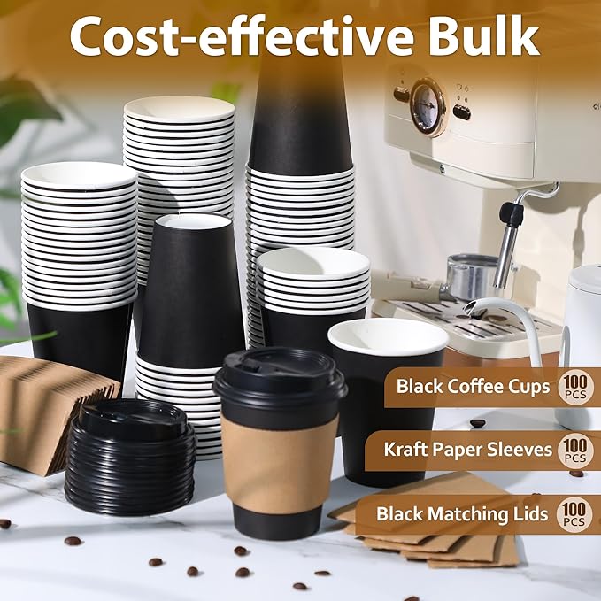 500 Pack 12 oz Disposable Paper Coffee Cups with Lids and Sleeves, Leak-free Disposable Insulated Paper Cups for To Go Hot or Cold Beverages(Black)
