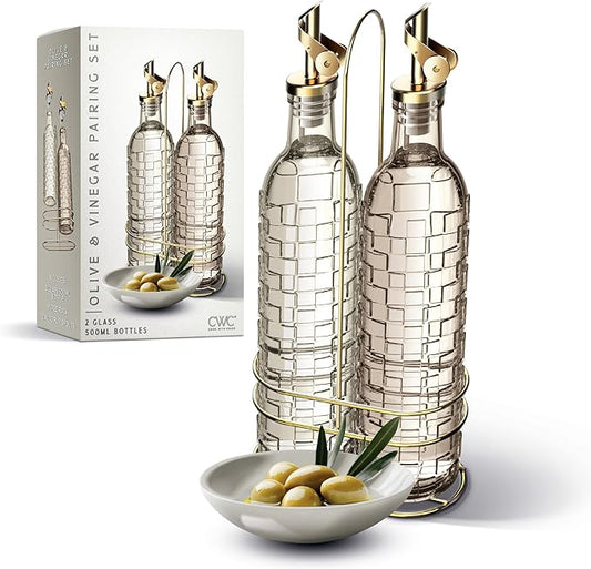 COOK WITH COLOR Glass Olive Oil Bottle Dispenser - 2 Pack- 17oz Oil and Vinegar Cruet - Olive Oil Carafe Decanter for Kitchen, Checkered, Brown