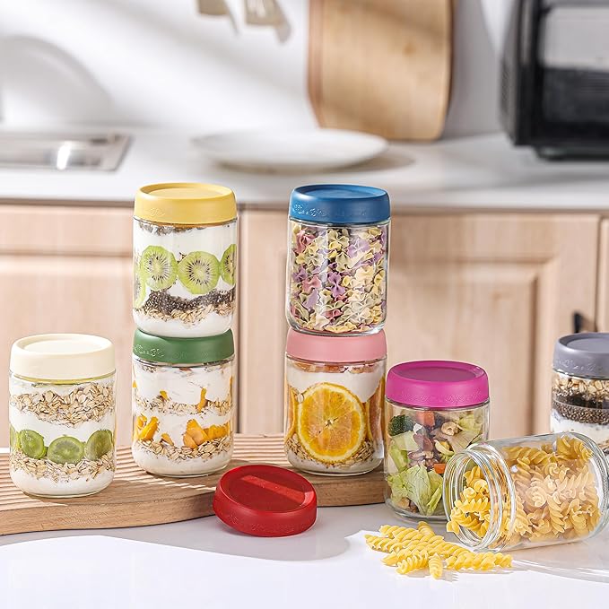 10 OZ 4Pack, Overnight Oats Jars with Lids, Glass Meal Prep Containers, Airtight Mason Jars for Breakfast, Yogurt Parfait, Salad & Smoothies, Leakproof and Reusable Food Storage Jars(4-2)