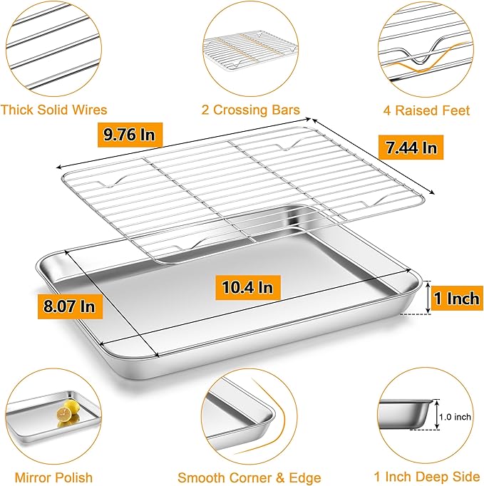 Homikit Baking Sheet with Rack Set (2 Pans + 2 Racks), 10 x 8 Inches Stainless Steel Small Cookie Sheets with Cooling Racks Non Toxic, Metal Toaster Oven Bacon Crisp Trays for Baking, Dishwasher Safe