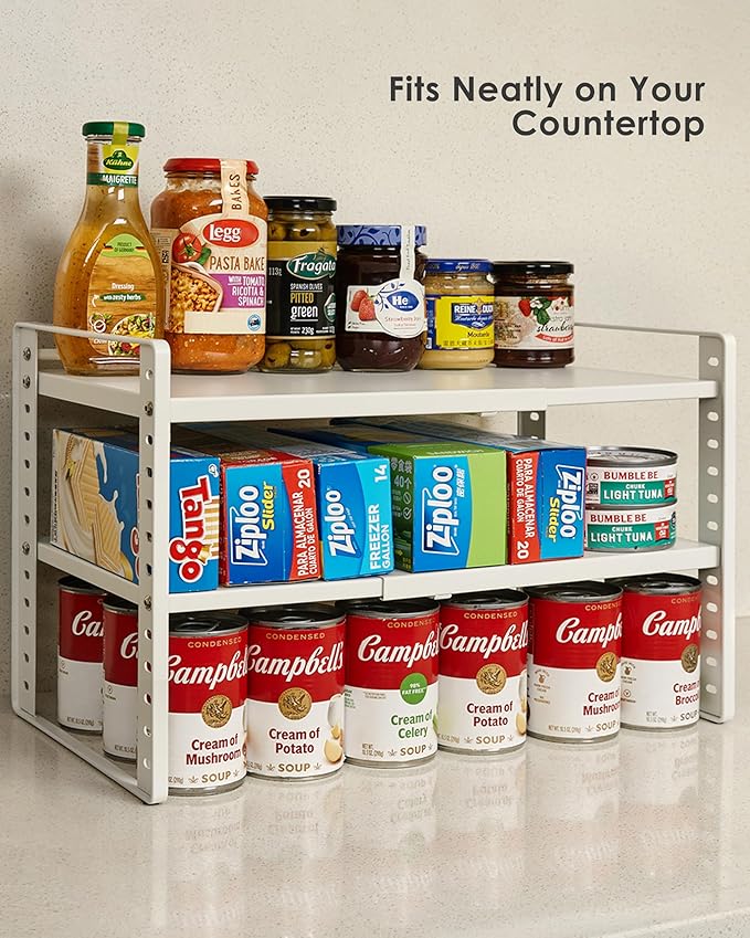 Expandable Adjustable 2-Tier Cabinet Shelf Organizer, White Metal Kitchen Pantry Countertop Storage Rack, Height Adjustable