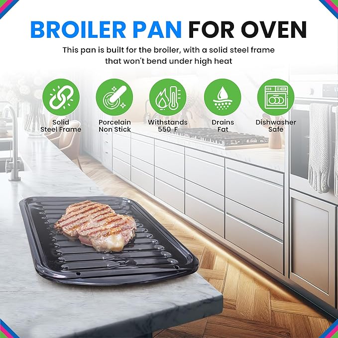 Broiler Pan for Oven Nonstick Porcelain Coated - 16.75” x 12.75” Whirlpool 4396923 Replacement Broiling Pan for Oven With Rack for High-Temperatures - Oven Broiler Pan Heats (Porcelain)